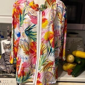 E Knit chic floral zipper stretch 3/4 sleeve plus size light weight jacket 3X